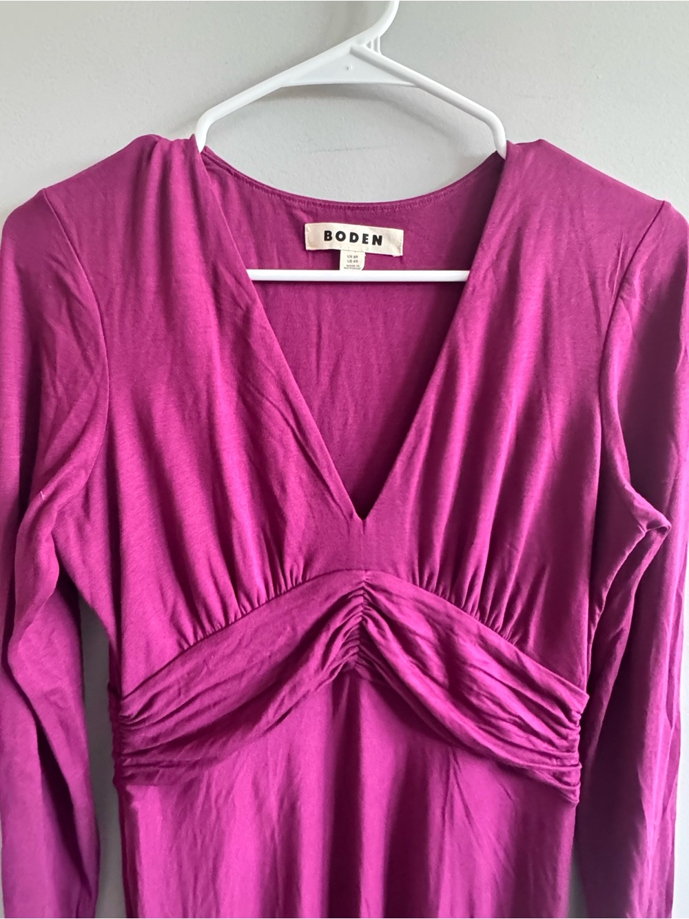 Boden Magenta Ruched V-Neck Maxi Dress Long Sleeve US 4R - Picture 3 of 7